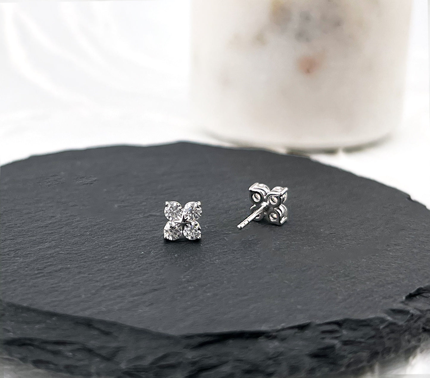 Moissanite Clover Stud Earrings: Rhodium Sterling Silver