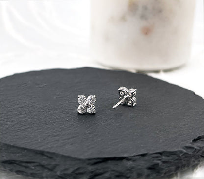 Moissanite Clover Stud Earrings: Rhodium Sterling Silver