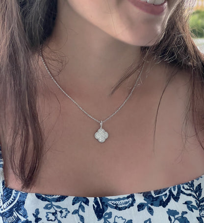 Moissanite Four-Leaf Clover Necklace: Rhodium Plated Sterling Silver Pendant