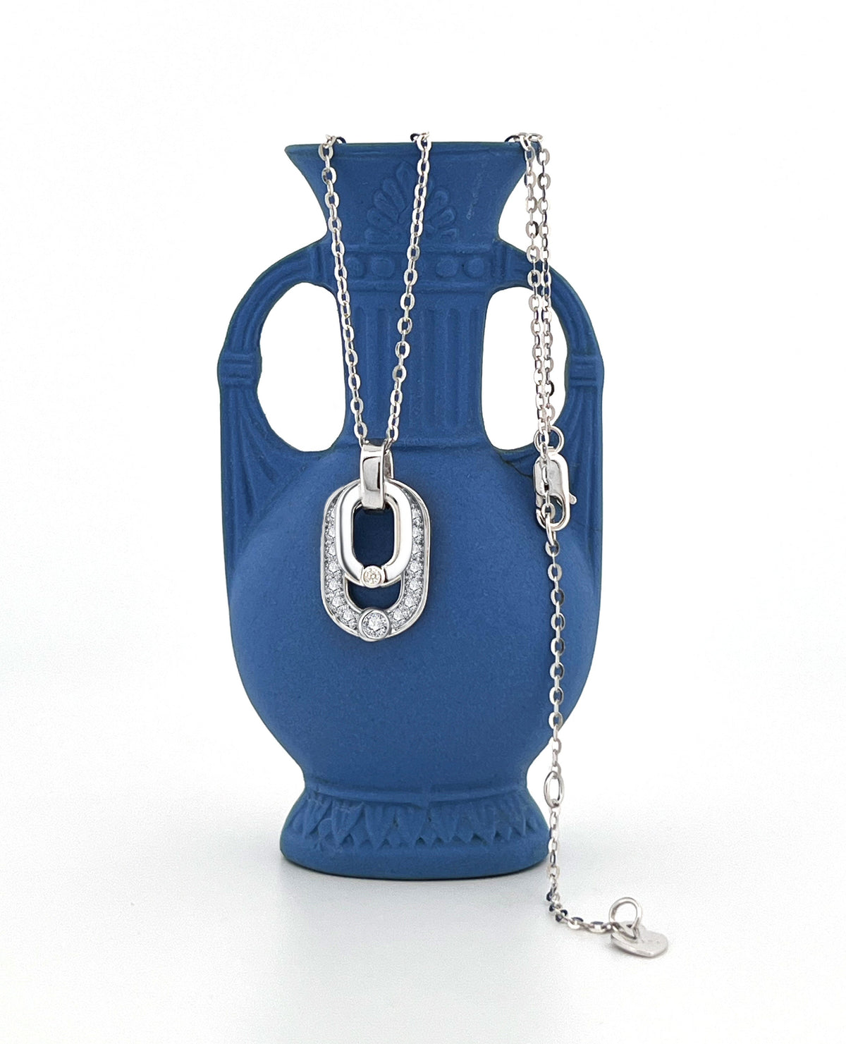Certified Moissanite Double Oval Pendant Necklace: Rhodium Plated Sterling Silver