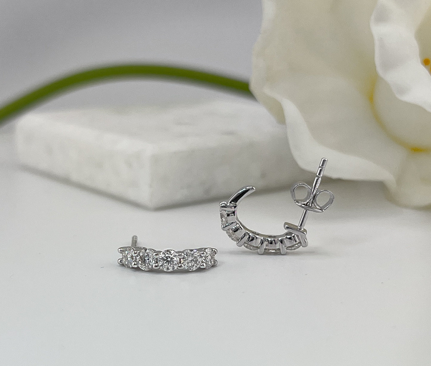Moissanite Huggie Earrings: 1 CTTW VVS1, Rhodium 925 Sterling Silver