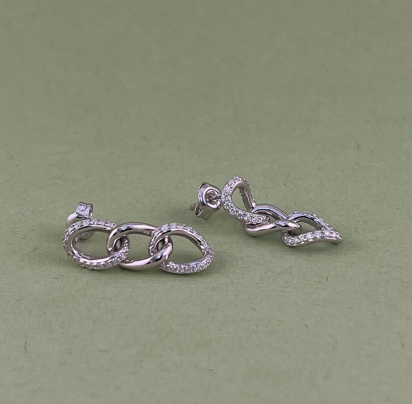 Moissanite Chain Link Earrings: Rhodium Plated Sterling Silver Dangle