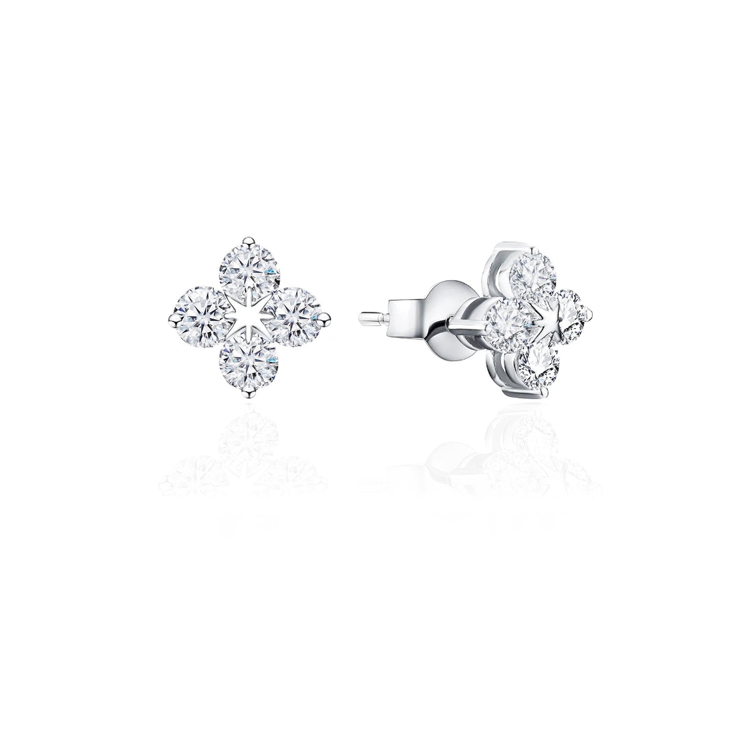 Moissanite Clover Stud Earrings: Rhodium Sterling Silver
