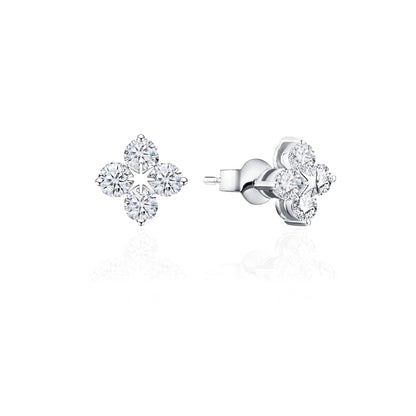 Moissanite Clover Stud Earrings: Rhodium Sterling Silver
