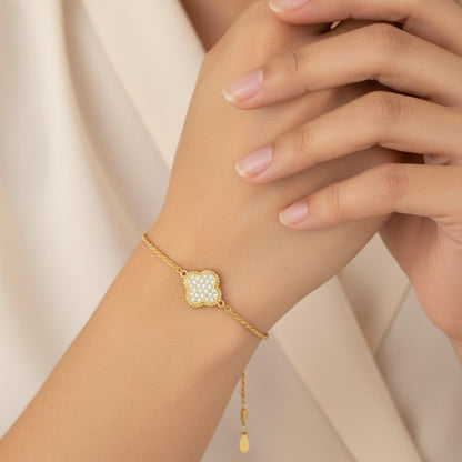 Moissanite Four Leaf Clover Bracelet, 18K Gold-Plated or Rhodium Plated Sterling Silver Lucky Charm, Adjustable Pavé Bracelet, Gift for Her