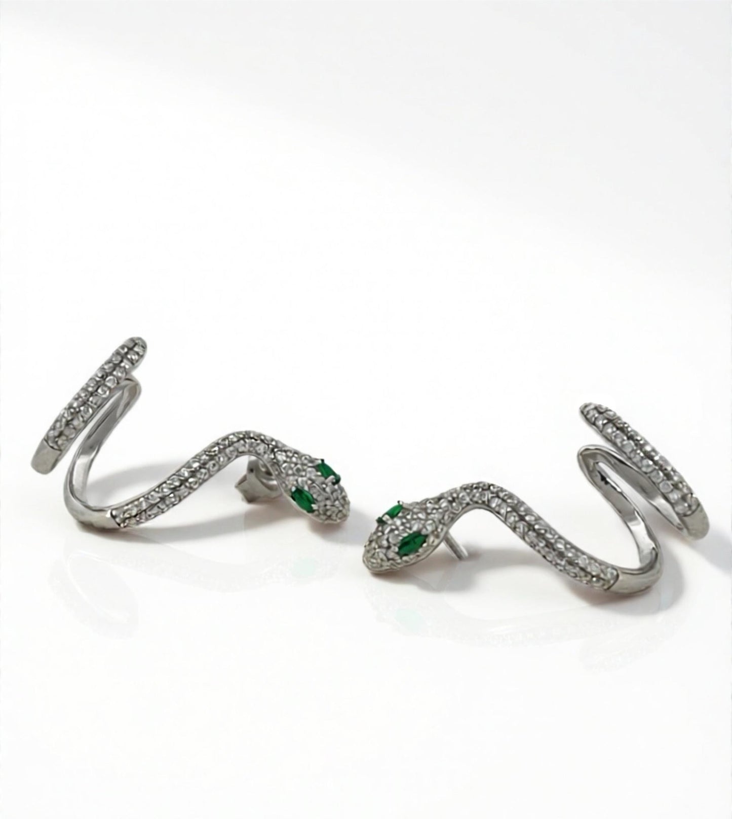 Moissanite Snake Ear Cuff – Serpent Wrap Climber Earrings with Emerald Eyes – Spiral Wire Snake Jewelry, Platinum Plated Sterling Silver