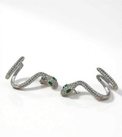 Moissanite Snake Ear Cuff – Serpent Wrap Climber Earrings with Emerald Eyes – Spiral Wire Snake Jewelry, Platinum Plated Sterling Silver