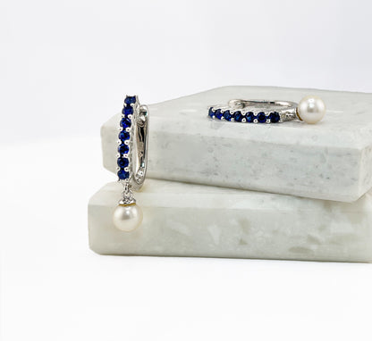 Blue Sapphire Pearl Huggie Earrings, Rhodium Sterling Silver Hoops