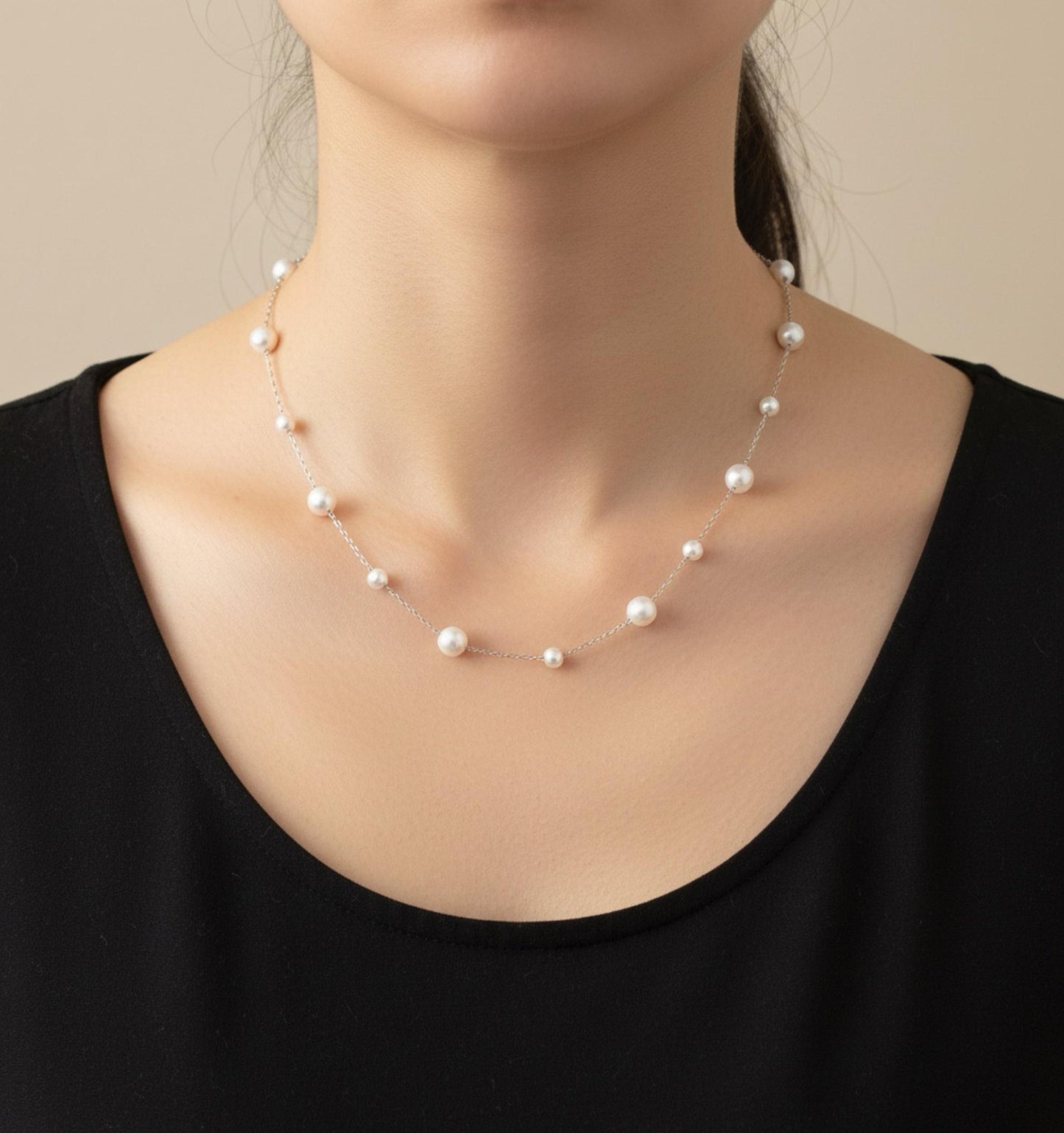 Pearls by the Yard Necklace: Freshwater Pearl Station Necklace in Rhodium Plated Sterling Silver | Adjustable 16-18'' | Bridal Necklace