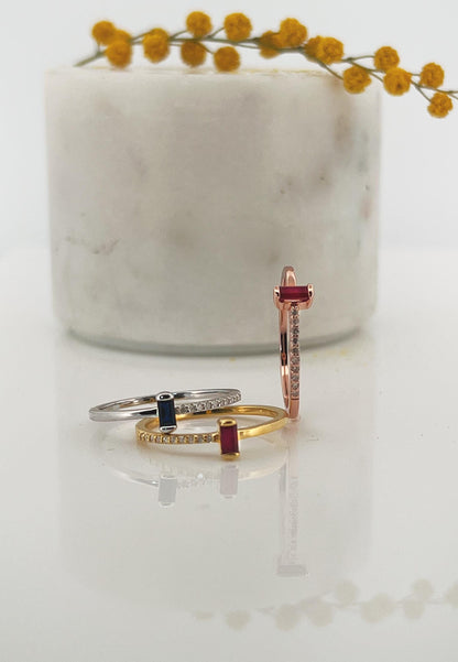 Ruby or Sapphire Baguette Ring: Diamond 14K Gold Plated Sterling Silver