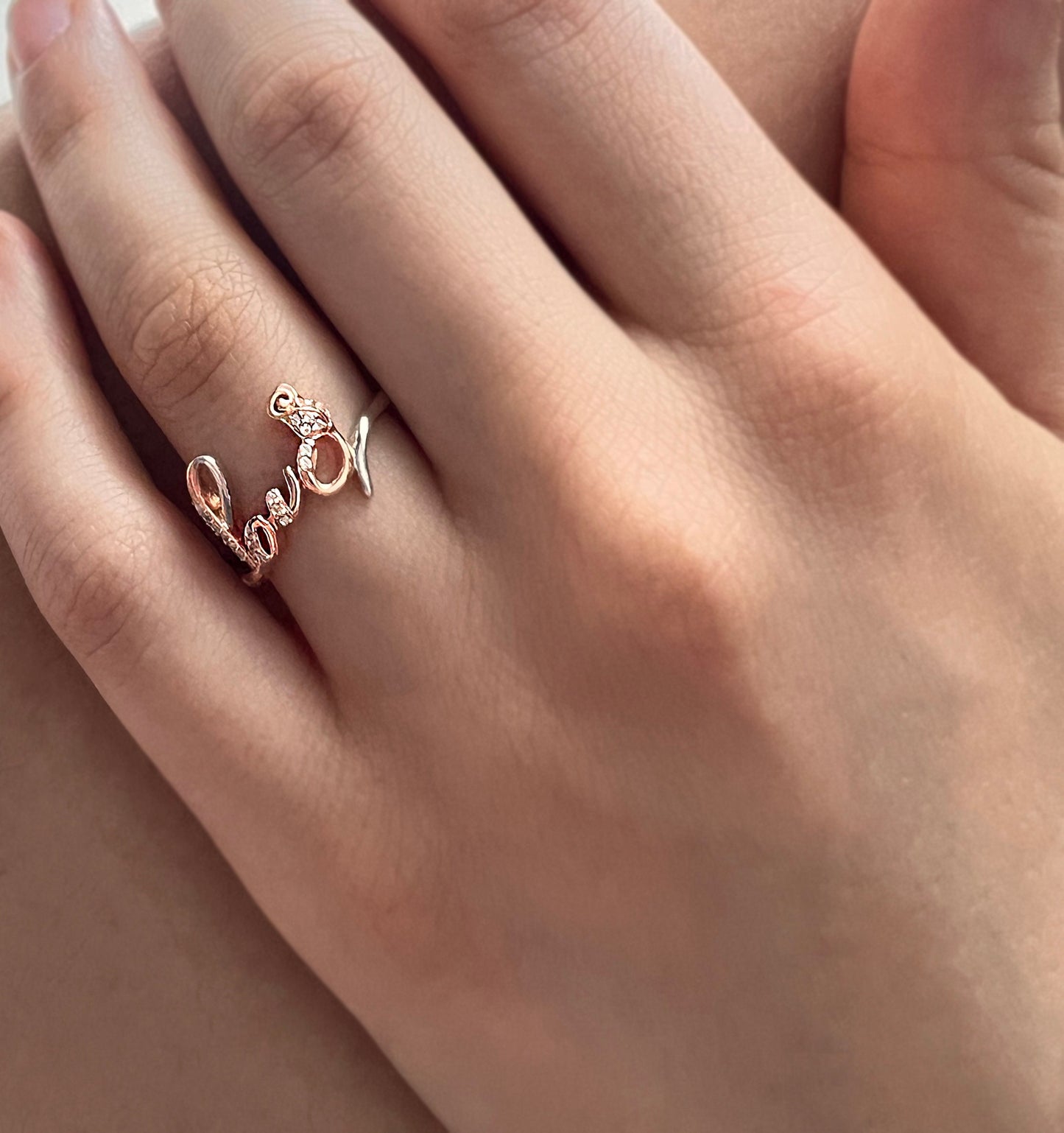 Rose Gold Love Ring: Sterling Silver, White Sapphire - Size 7
