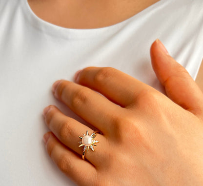 Freshwater Pearl Ring: Yellow Gold Plated Sterling Silver CZ Starburst, Adjustable