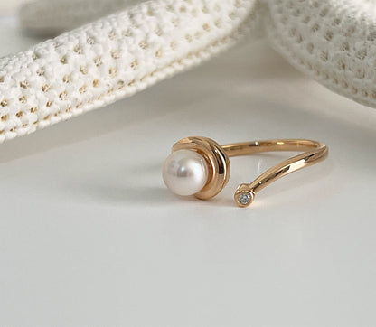 Freshwater Pearl Moissanite Bypass Ring, 14K Gold Plated Sterling Silver