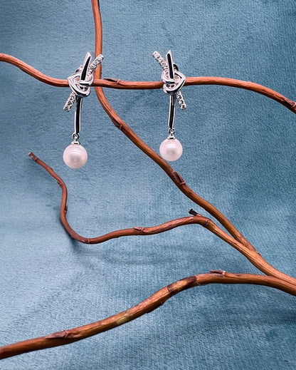 Sterling Silver Pearl Drop Earrings: CZ Heart Dangle, Bridal Jewelry