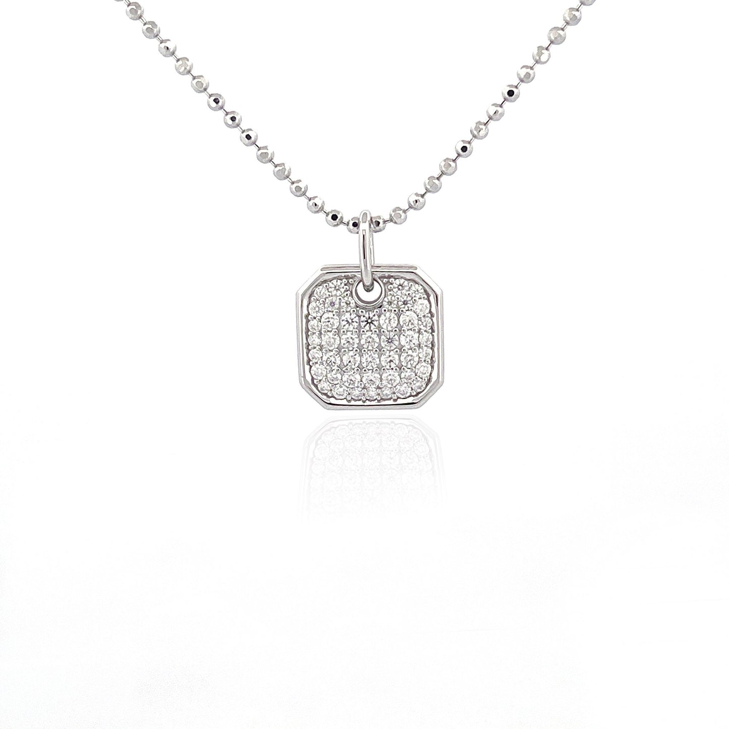 Moissanite Pavé Square Pendant Necklace: Rhodium Sterling Silver Dog Tag