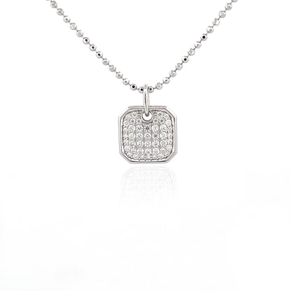 Moissanite Pavé Square Pendant Necklace: Rhodium Sterling Silver Dog Tag