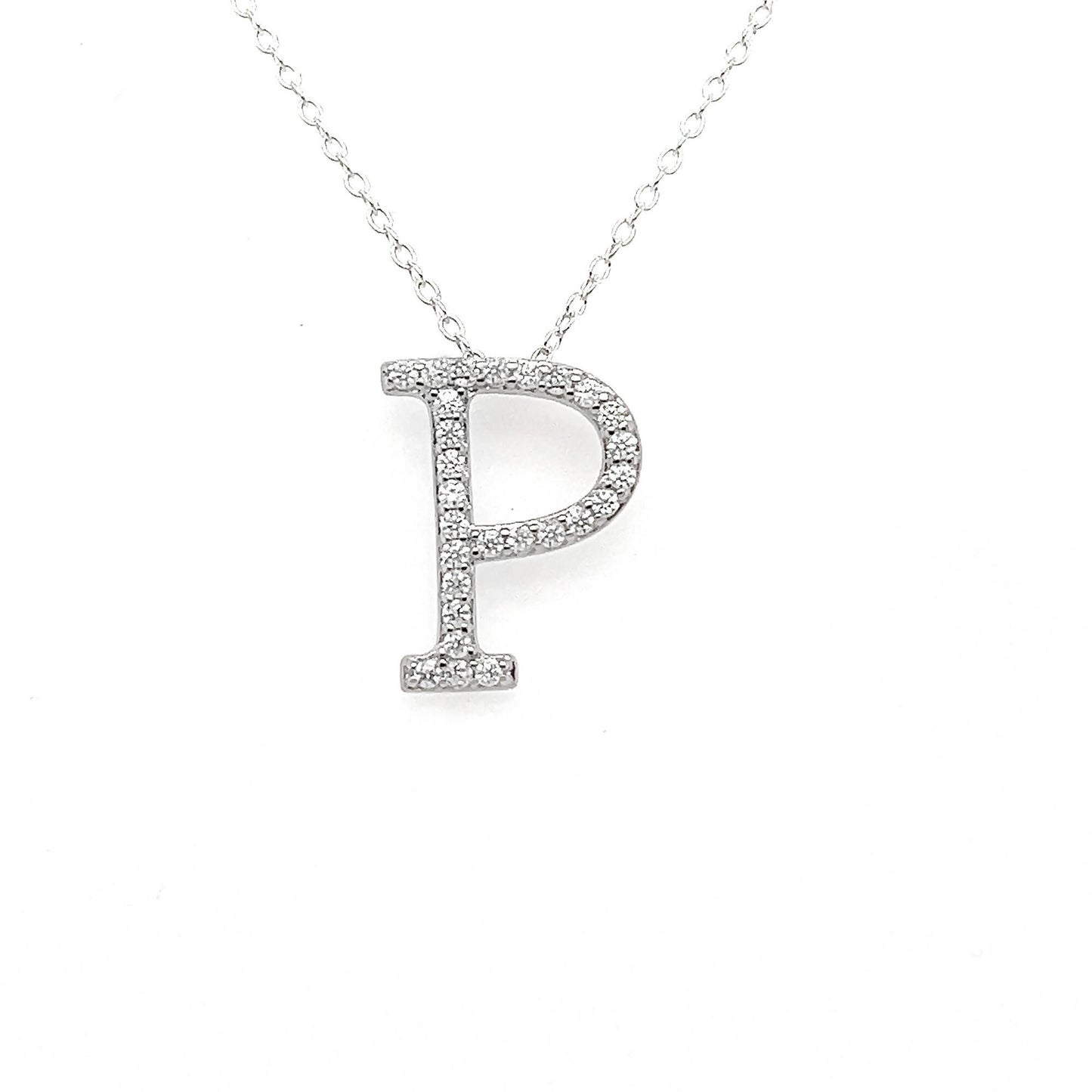 Moissanite Initial Necklace: Rhodium Plated Sterling Silver Letter Pendant