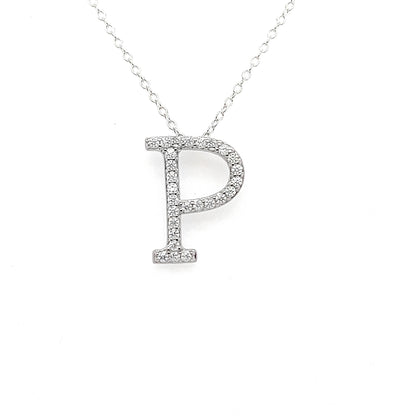 Moissanite Initial Necklace: Rhodium Plated Sterling Silver Letter Pendant