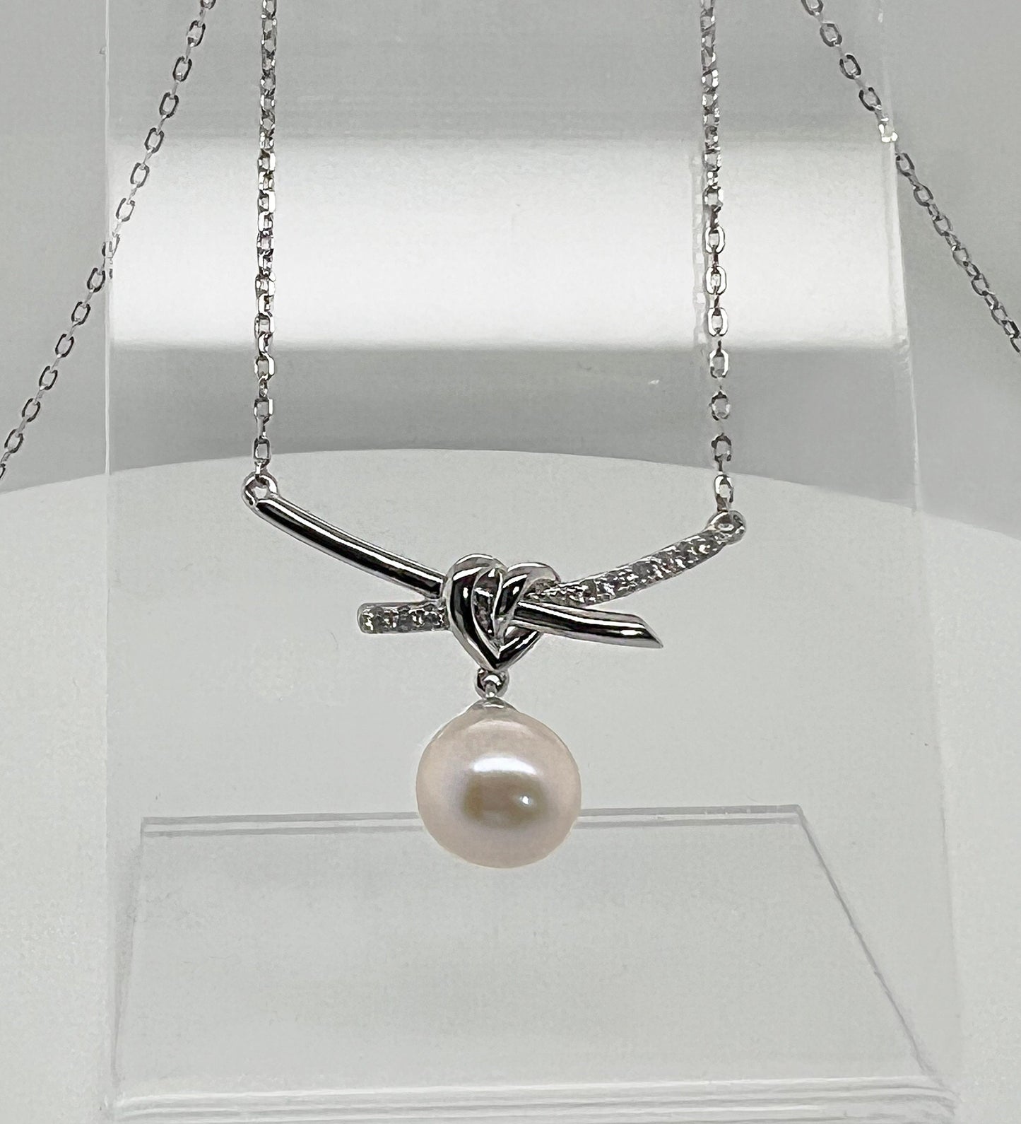 Love Knot Pearl Necklace: Rhodium Sterling Silver Heart Pendant