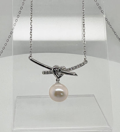 Love Knot Pearl Necklace: Rhodium Sterling Silver Heart Pendant