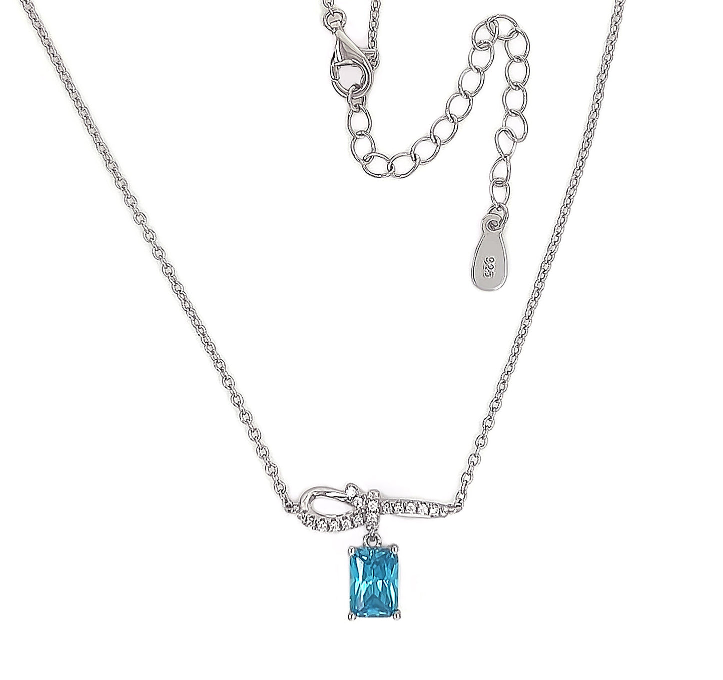 Sterling Silver Bow Pendant Necklace: Blue Cubic Zirconia, Adjustable Chain