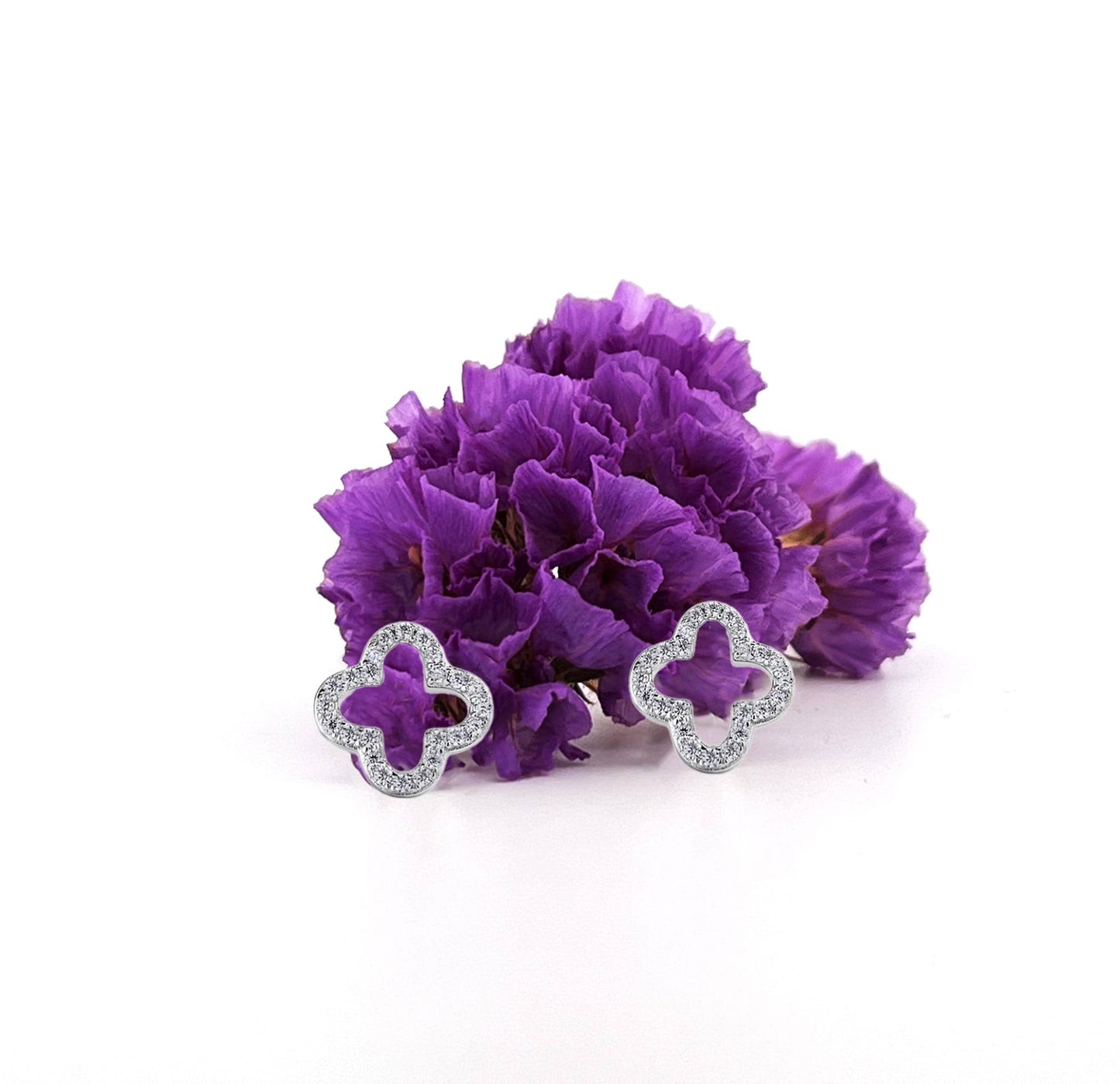 Moissanite Four Leaf Clover Stud Earrings: Sterling Silver Floral Earstuds