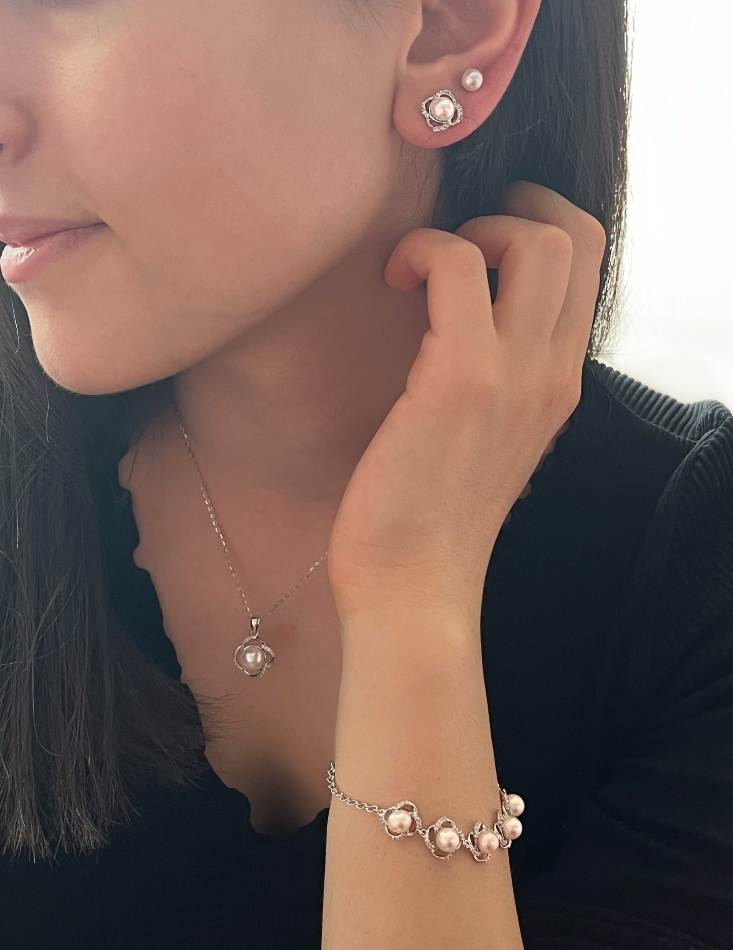 Moissanite and Pearl Flower Stud Earrings, Sterling Silver