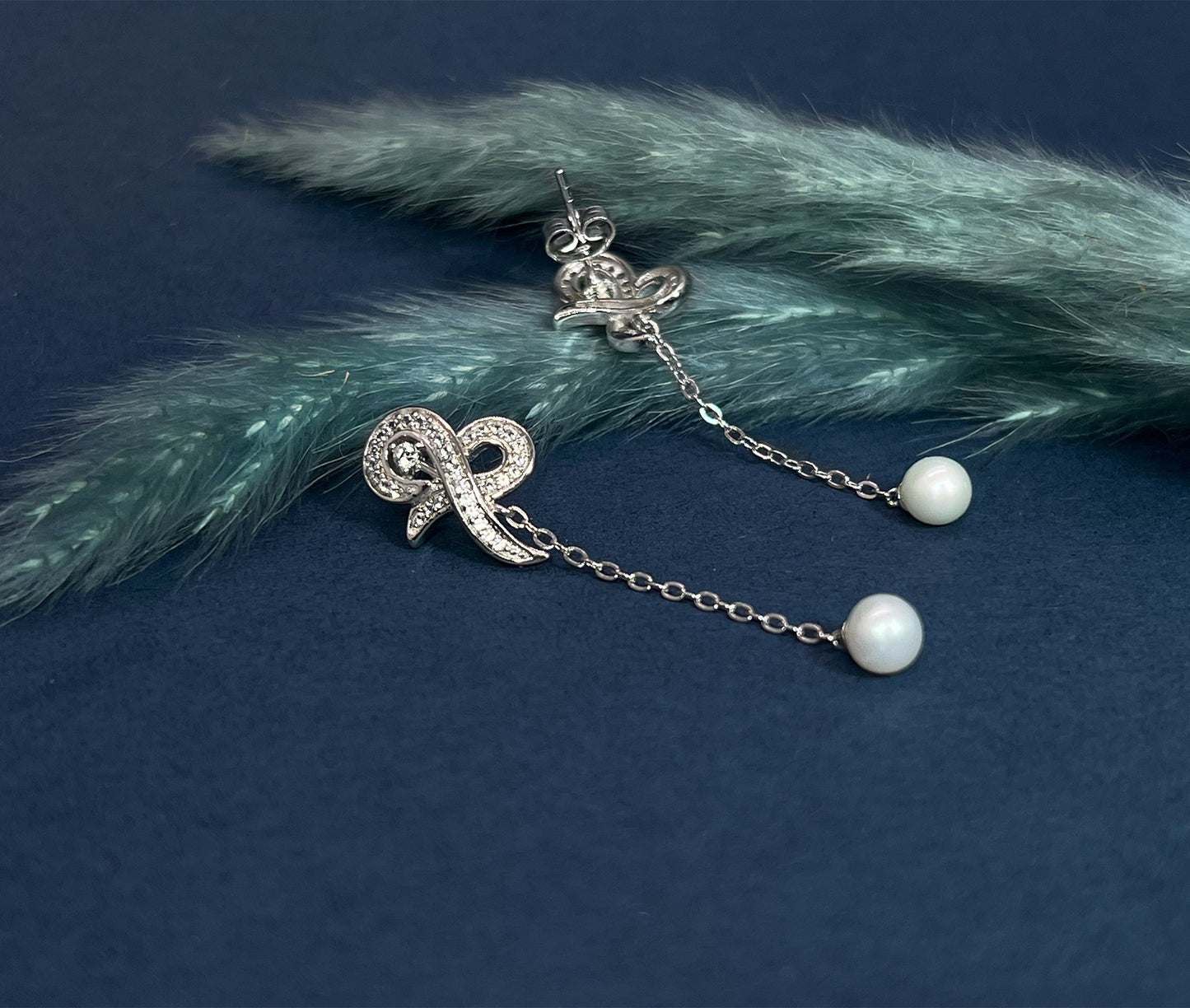 Moissanite Pearl Dangle Earrings: Sterling Silver Bridal Jewelry