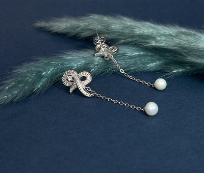 Moissanite Pearl Dangle Earrings: Sterling Silver Bridal Jewelry