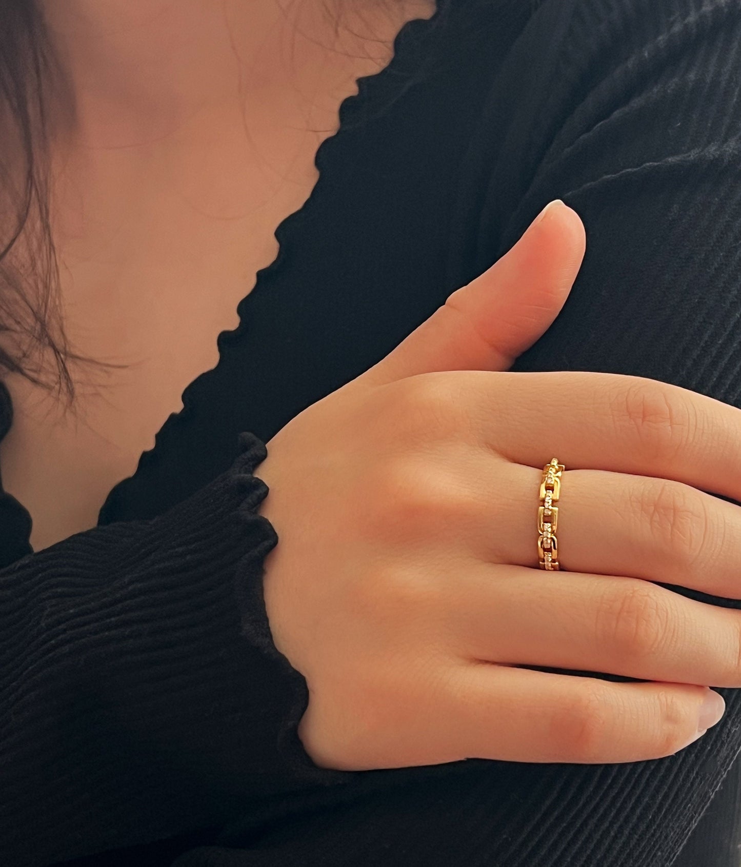 Moissanite Chain Link Ring: 18K Gold Plated Sterling Silver