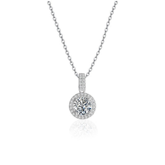 2 CTW Certified Moissanite Halo Necklace: Rhodium-Plated Sterling Silver Bridal Pendant
