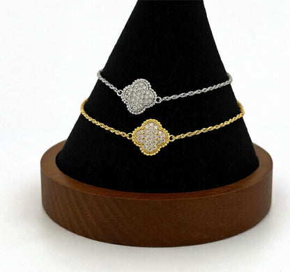 Moissanite Four Leaf Clover Bracelet, 18K Gold-Plated or Rhodium Plated Sterling Silver Lucky Charm, Adjustable Pavé Bracelet, Gift for Her