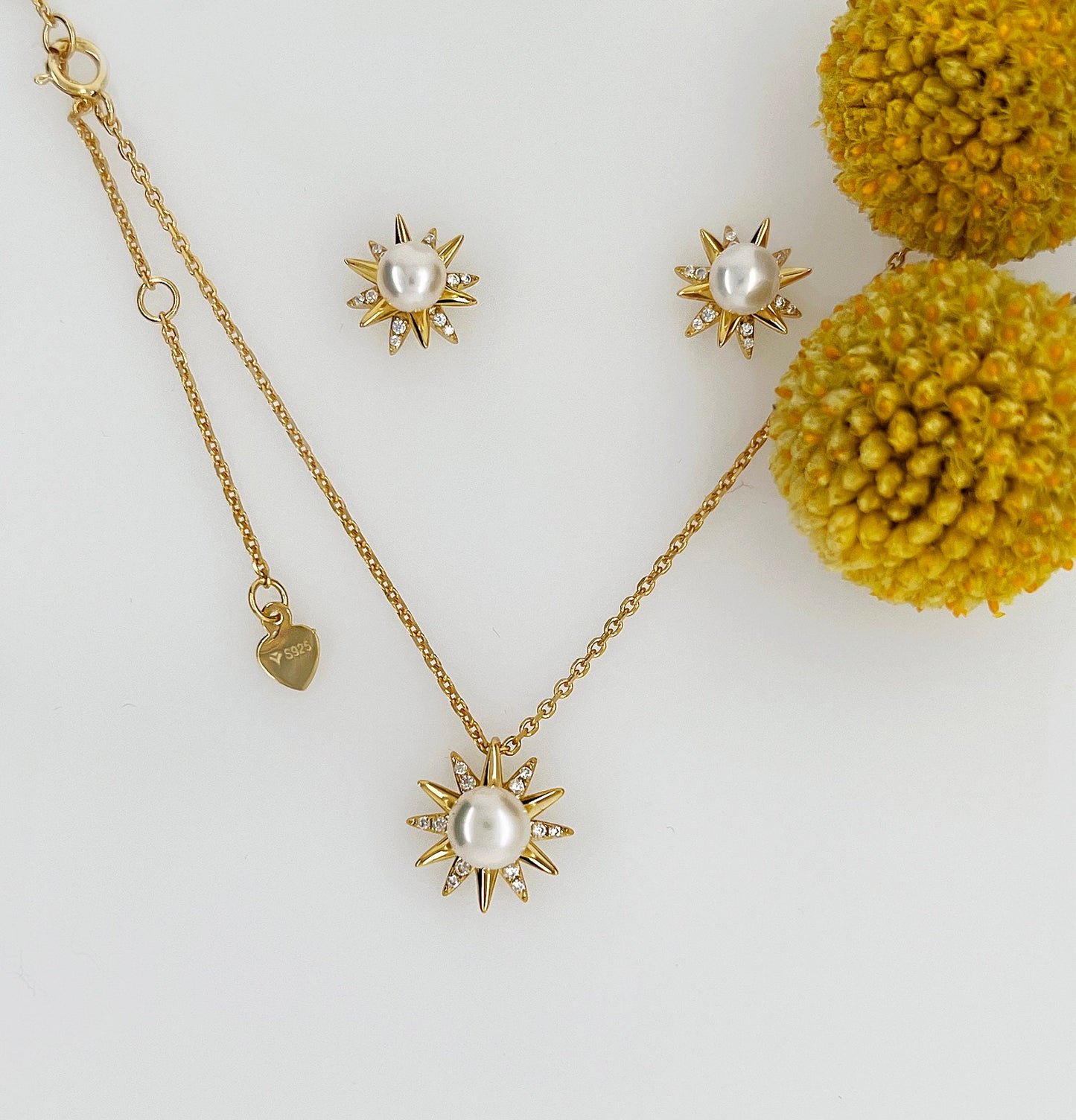 Pearl Star Stud Earrings: Yellow Gold Plated Sterling Silver, CZ