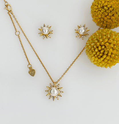 Pearl Star Stud Earrings: Yellow Gold Plated Sterling Silver, CZ