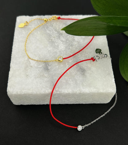 Moissanite Red Cord Bracelet: 18K Gold Plated Sterling Silver, Adjustable