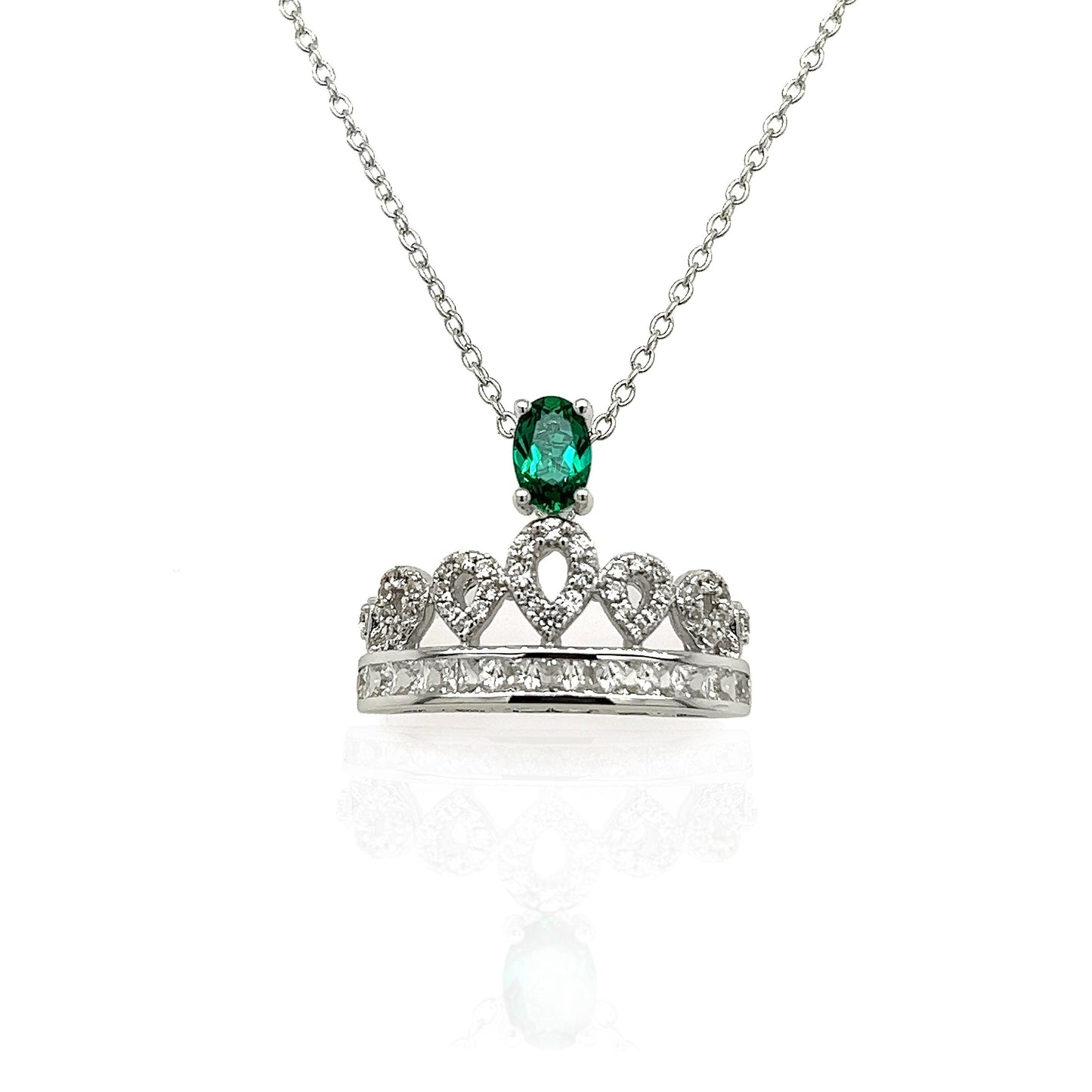 Emerald Crown Necklace: Rhodium Plated Sterling Silver, White Sapphire Pendant