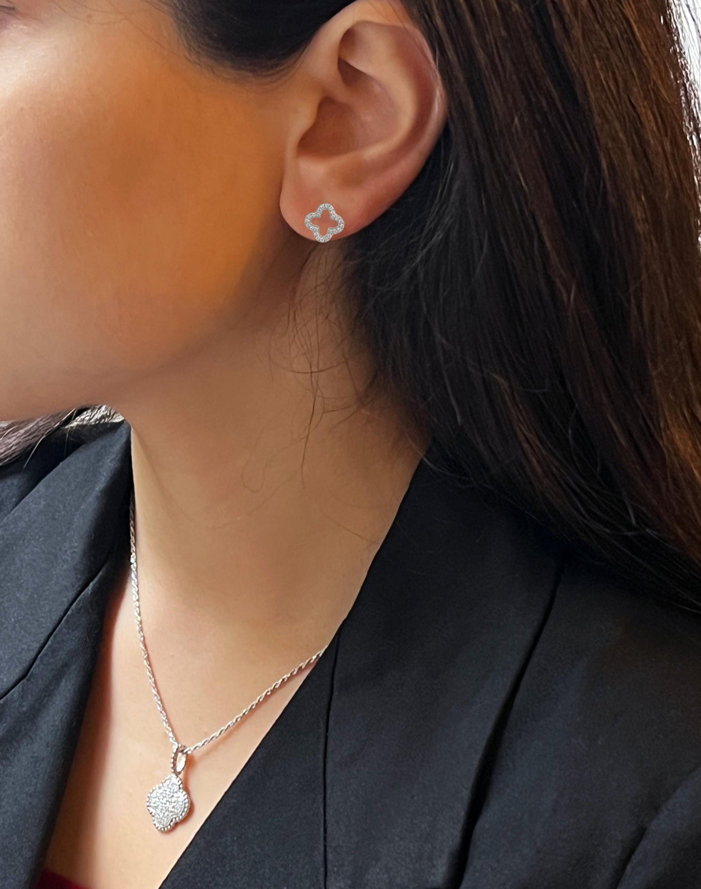 Moissanite Four Leaf Clover Stud Earrings: Sterling Silver Floral Earstuds