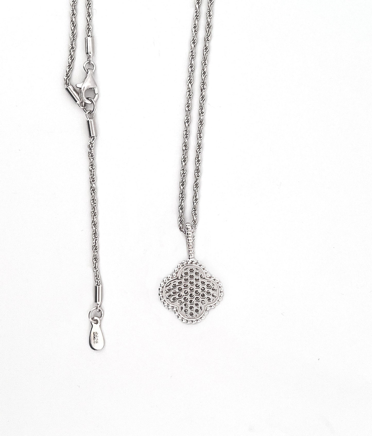 Moissanite Four-Leaf Clover Necklace: Rhodium Plated Sterling Silver Pendant