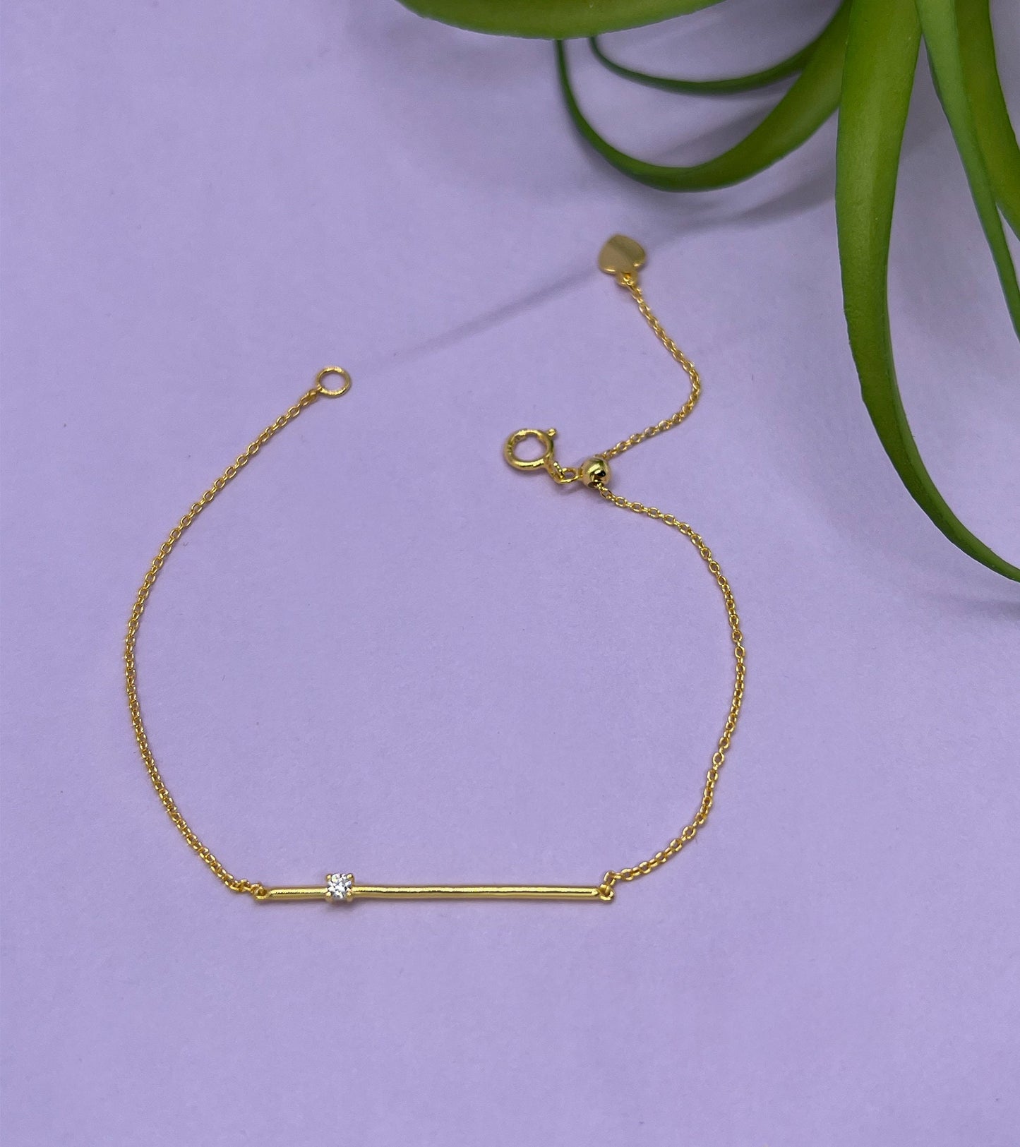 Moissanite Bar Bracelet: 14K Yellow Gold Plated Sterling Silver, Adjustable