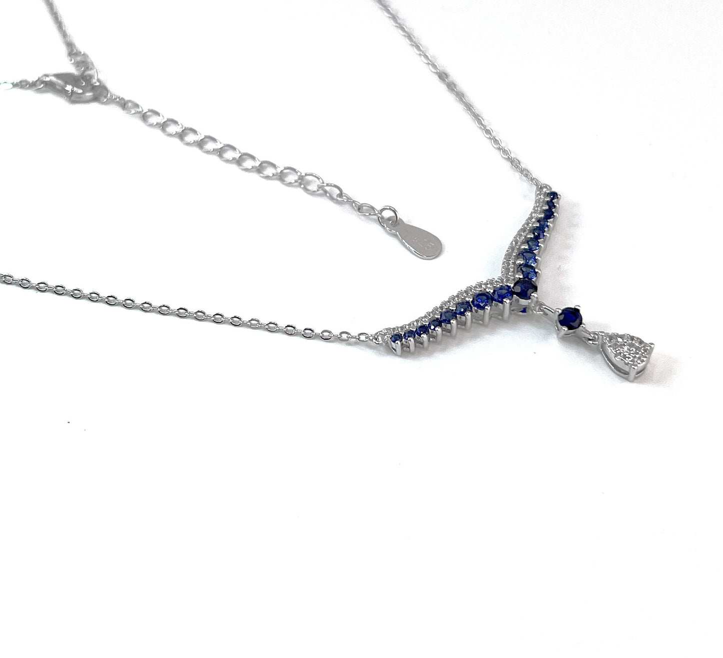 Teardrop Sapphire Necklace: Rhodium Plated Sterling Silver V Collar