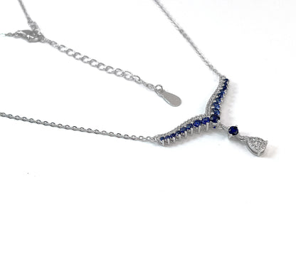 Teardrop Sapphire Necklace: Rhodium Plated Sterling Silver V Collar