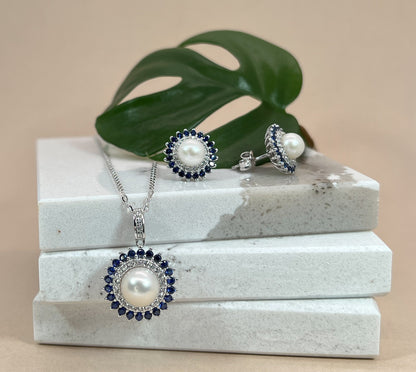 Freshwater Pearl Sapphire Halo Earrings: Rhodium-Plated Silver Studs