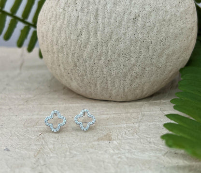 Moissanite Four Leaf Clover Stud Earrings: Sterling Silver Floral Earstuds