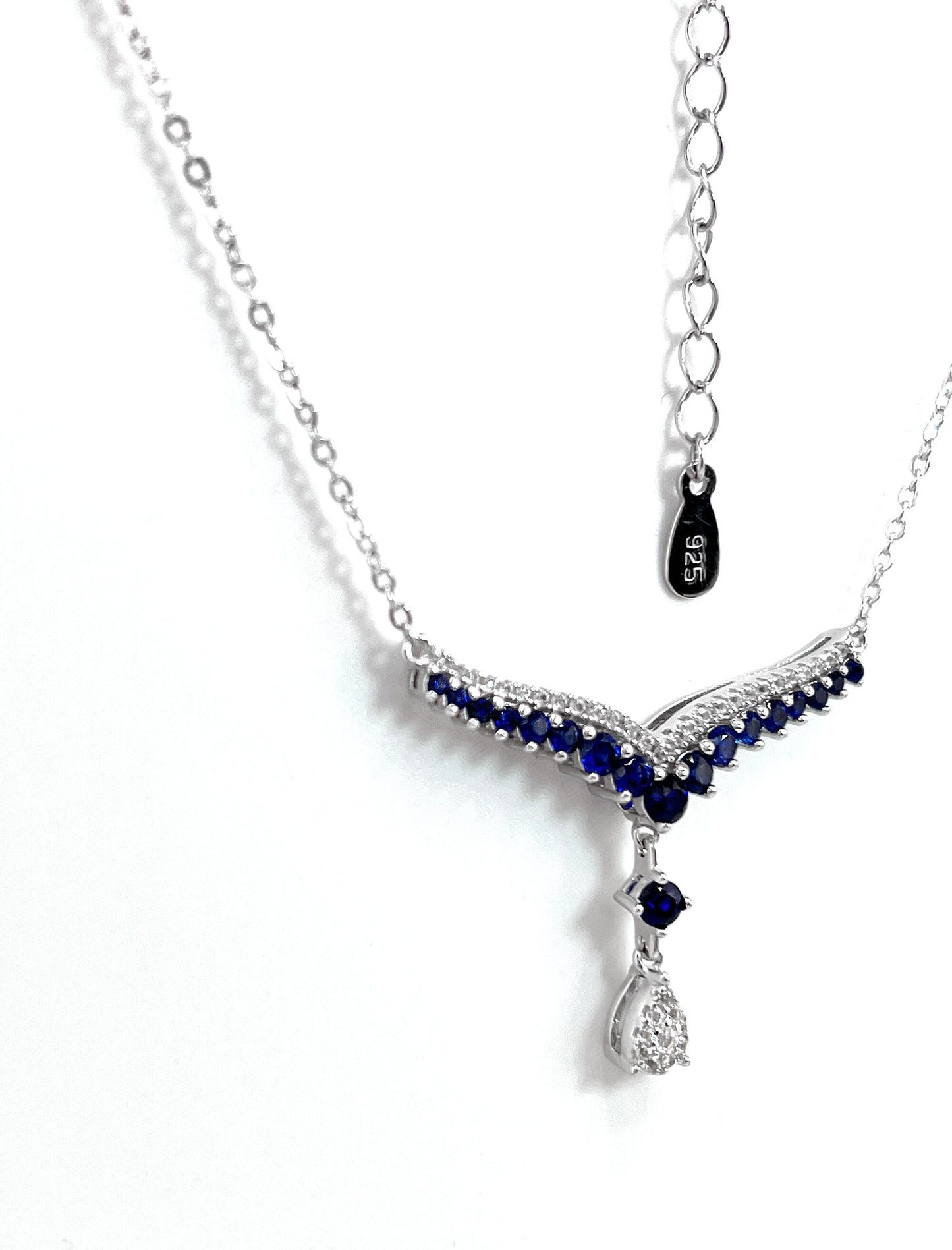 Teardrop Sapphire Necklace: Rhodium Plated Sterling Silver V Collar