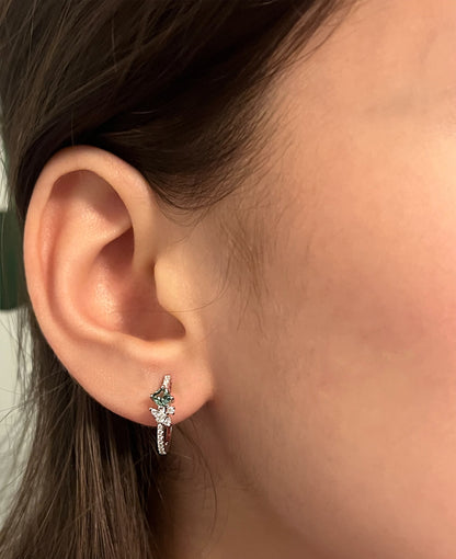 Green & White Sapphire Hoop Earrings: Sterling Silver Flower J Hoops
