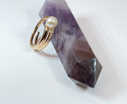 Moissanite Freshwater Pearl Ring: 14K Gold Sterling Silver Spiral