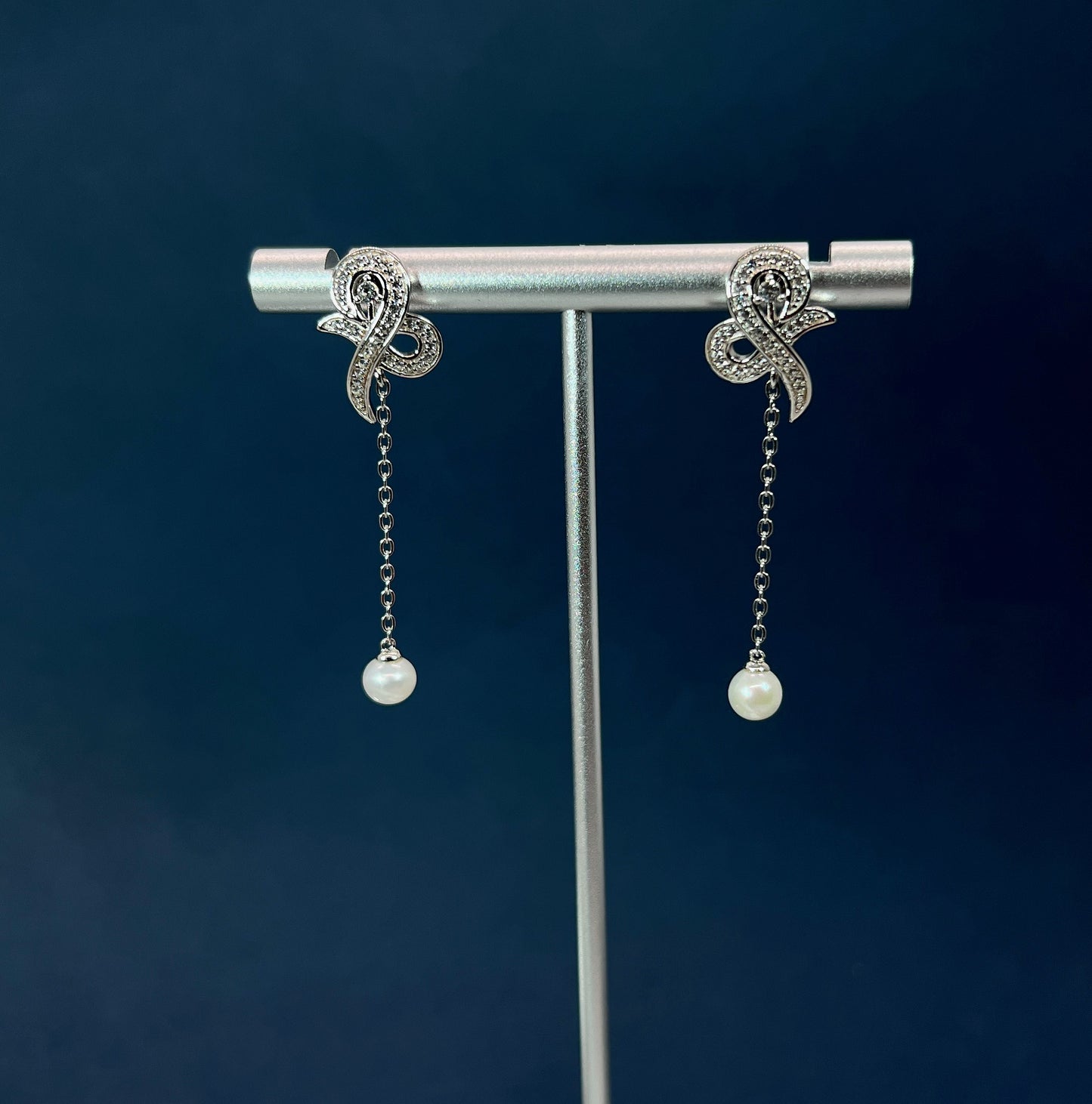 Moissanite Pearl Dangle Earrings: Sterling Silver Bridal Jewelry
