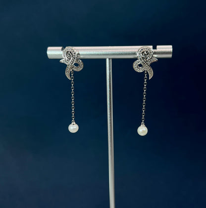 Moissanite Pearl Dangle Earrings: Sterling Silver Bridal Jewelry