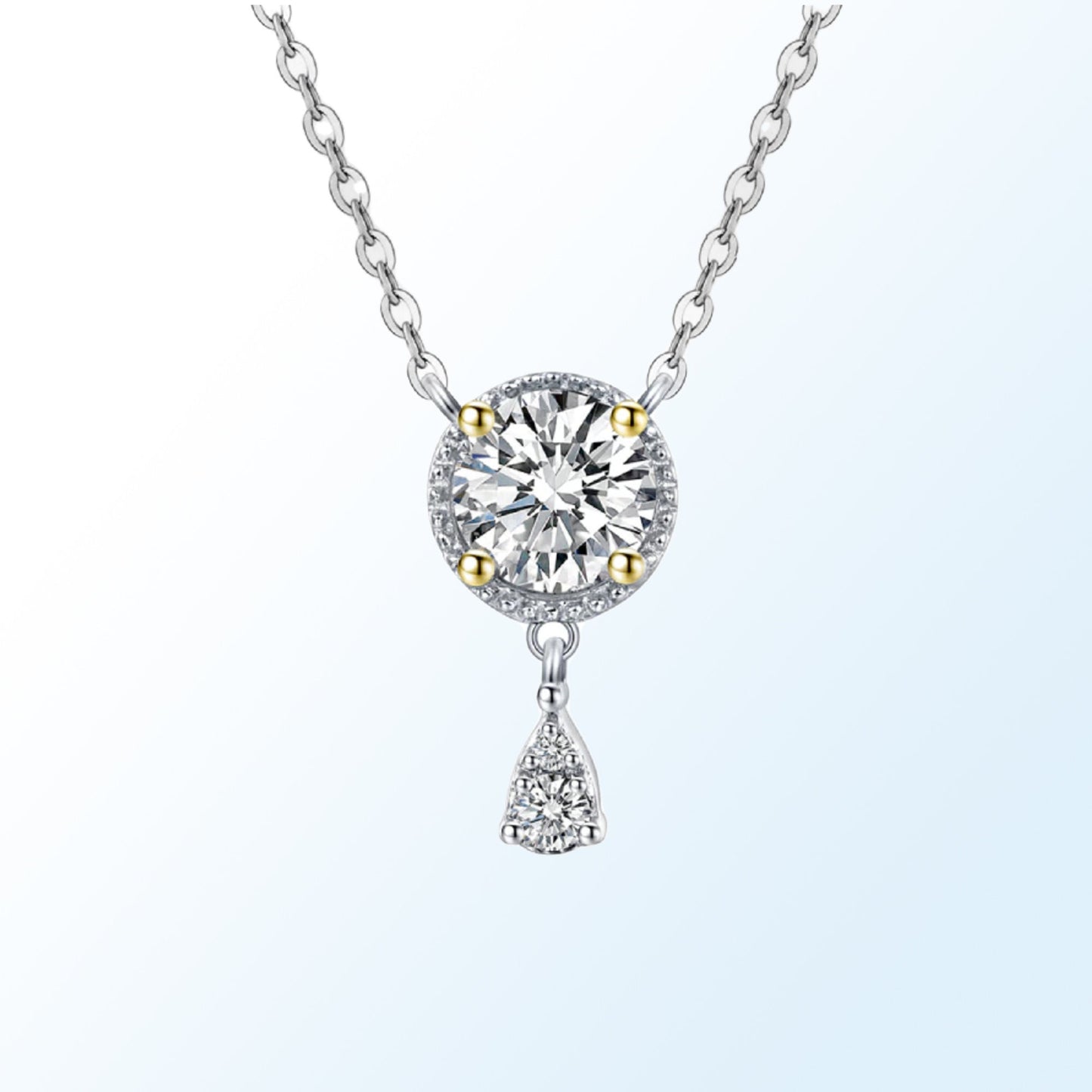 1.0Ct Certified VVS1 Moissanite Necklace: Two Tone Halo Drop, Sterling Silver