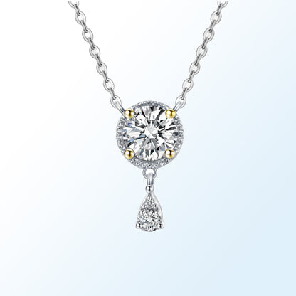 1.0Ct Certified VVS1 Moissanite Necklace: Two Tone Halo Drop, Sterling Silver
